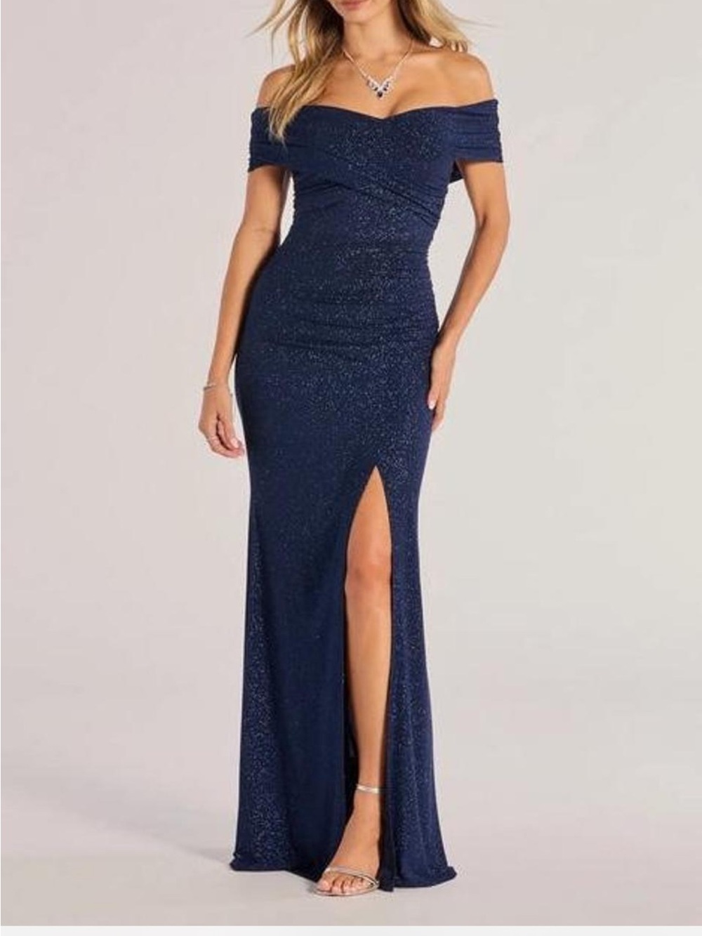 Windsor Navy One-Shoulder Sparkle Gown with Side Slit